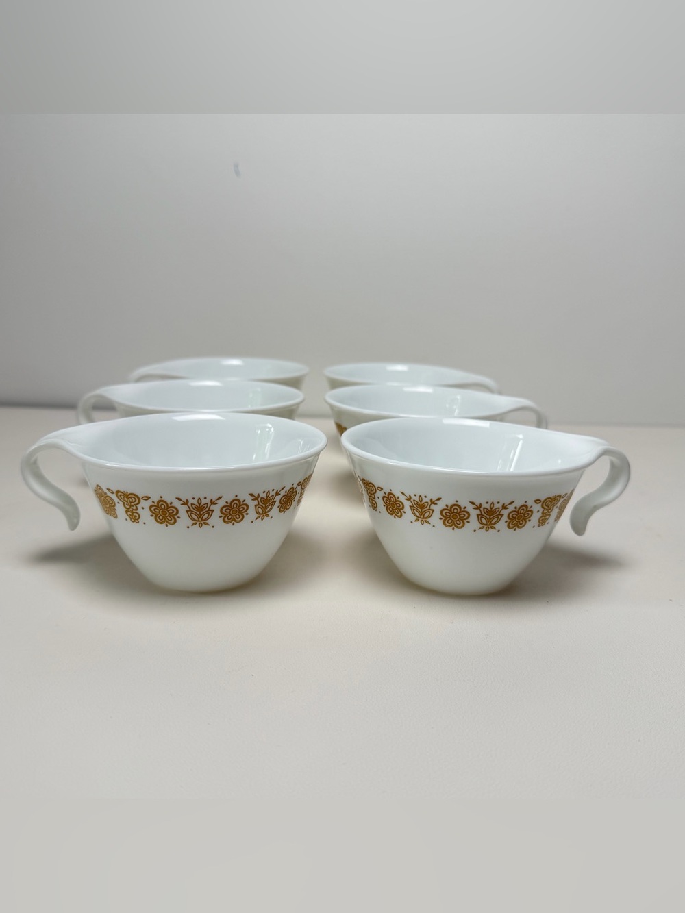 Vintage Corelle Butterfly Glass Mugs White/Gold Floral w/ Handle Set of 6